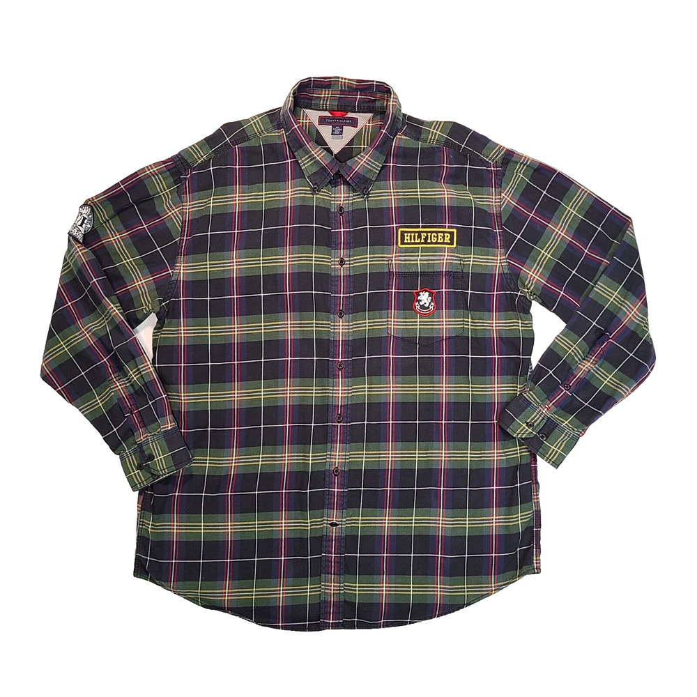 Tommy Hilfiger Long Sleeve Blue Green Plaid Shirt Men's Size 2XL Cotton Preppy